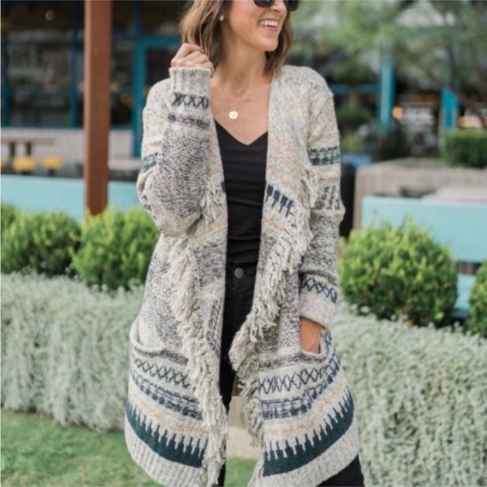 CAbi 3701 Shetland Geometric Striped Fringed Open Cardigan S